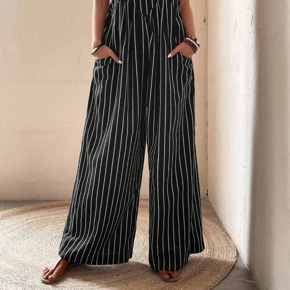 Black Casual Womens Striped Print Slant Pocket Wide Leg Overalls Without Top - Picture 3 of 5